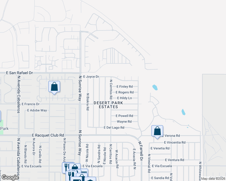 map of restaurants, bars, coffee shops, grocery stores, and more near 2104 East Rogers Road in Palm Springs
