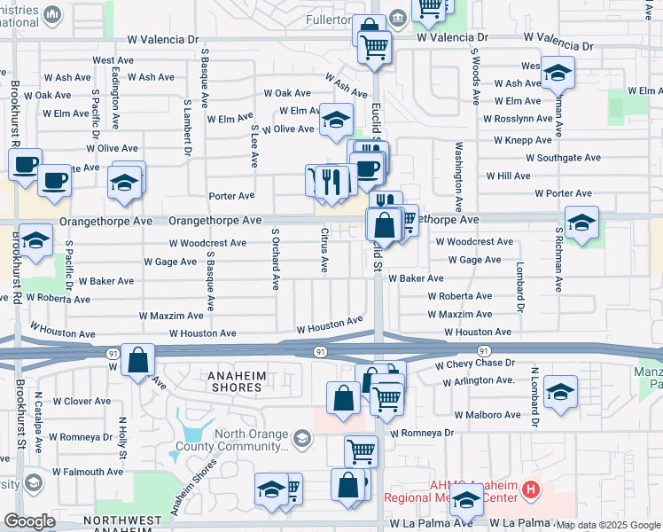 map of restaurants, bars, coffee shops, grocery stores, and more near 1406 Citrus Avenue in Fullerton