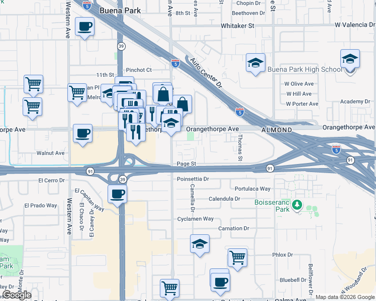 map of restaurants, bars, coffee shops, grocery stores, and more near 7043 Oregon Street in Buena Park