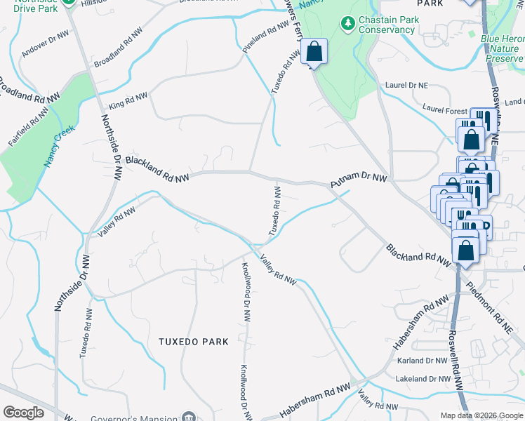 map of restaurants, bars, coffee shops, grocery stores, and more near 3764 Tuxedo Road Northwest in Atlanta