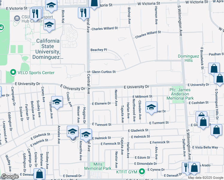 map of restaurants, bars, coffee shops, grocery stores, and more near 19008 Hillford Avenue in Carson
