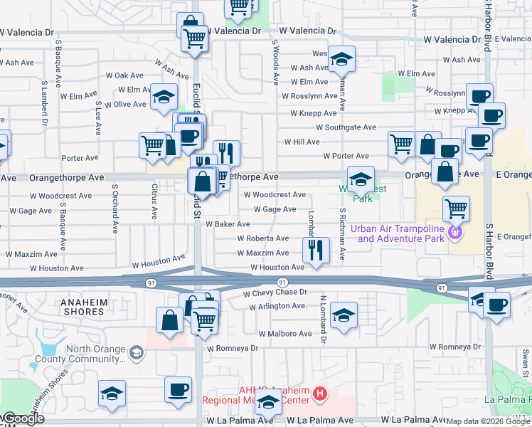 map of restaurants, bars, coffee shops, grocery stores, and more near 713 West Gage Avenue in Fullerton