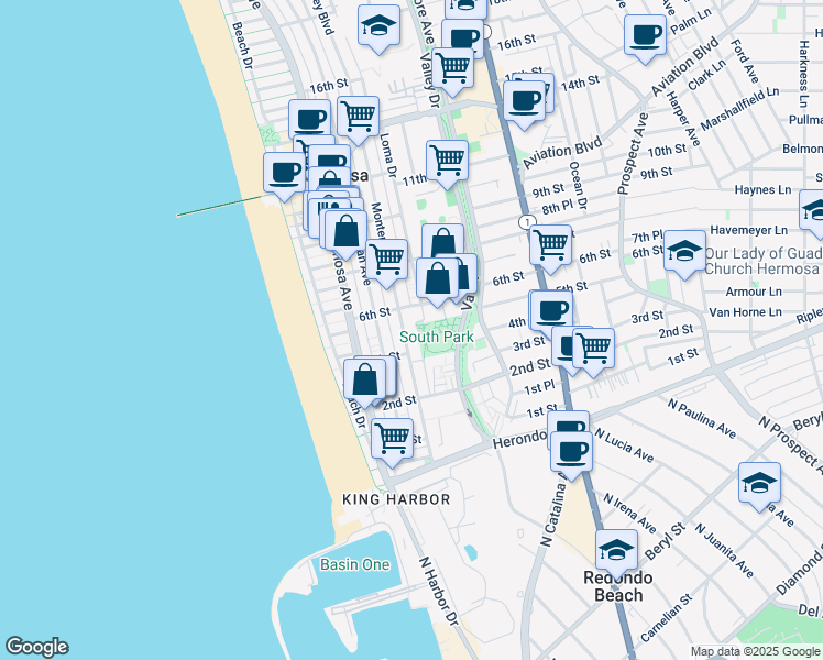 map of restaurants, bars, coffee shops, grocery stores, and more near 446 Monterey Boulevard in Hermosa Beach