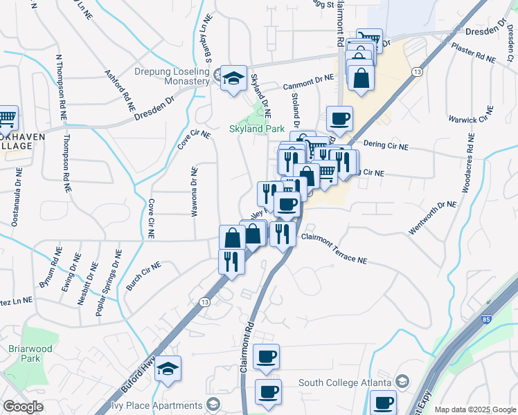map of restaurants, bars, coffee shops, grocery stores, and more near 2754 Drew Valley Road Northeast in Atlanta