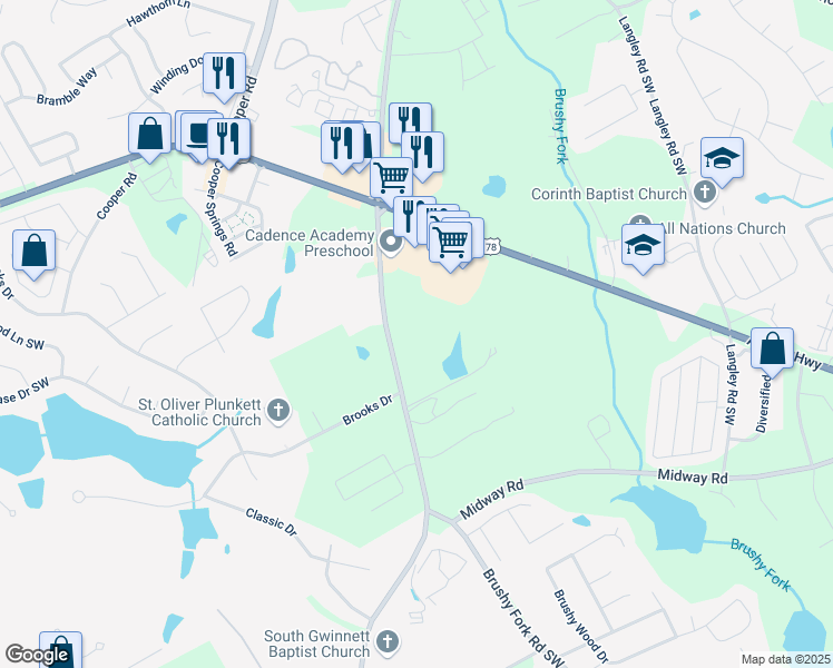 map of restaurants, bars, coffee shops, grocery stores, and more near 3154 Rosebud Road in Loganville