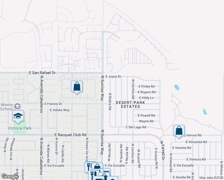 map of restaurants, bars, coffee shops, grocery stores, and more near 3050 North Sunrise Way in Palm Springs