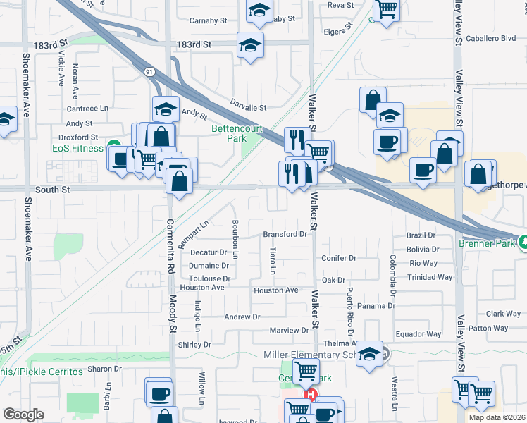 map of restaurants, bars, coffee shops, grocery stores, and more near 7072 Somerset Circle in Buena Park