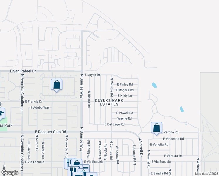 map of restaurants, bars, coffee shops, grocery stores, and more near 2995 North Cerritos Road in Palm Springs