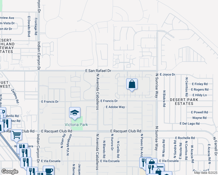 map of restaurants, bars, coffee shops, grocery stores, and more near 1126 Lucent Court in Palm Springs