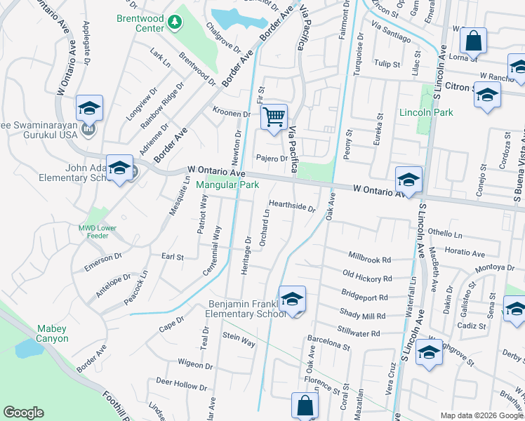 map of restaurants, bars, coffee shops, grocery stores, and more near 1411 Hearthside Drive in Corona