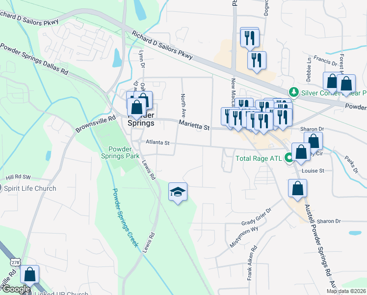 map of restaurants, bars, coffee shops, grocery stores, and more near 4321 Atlanta Street in Powder Springs