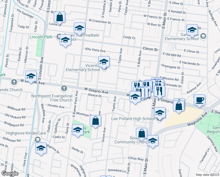 map of restaurants, bars, coffee shops, grocery stores, and more near 655 West Ontario Avenue in Corona