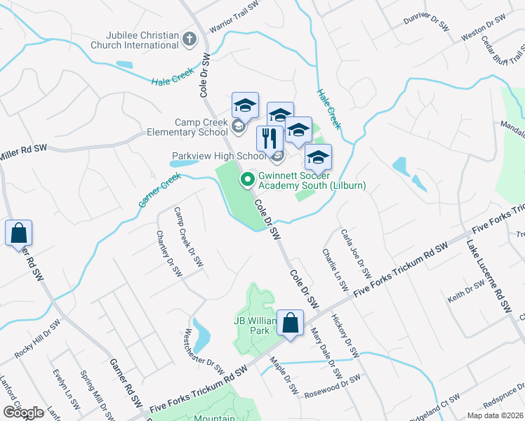 map of restaurants, bars, coffee shops, grocery stores, and more near 958 Cole Drive Southwest in Lilburn