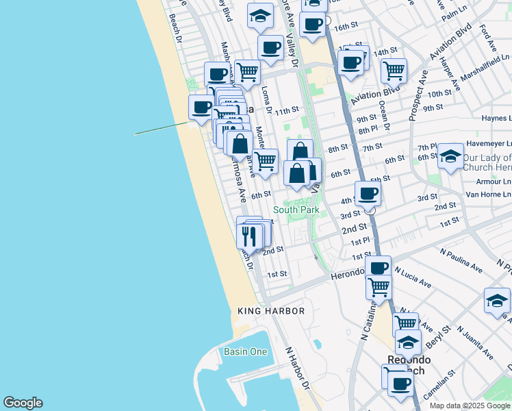 map of restaurants, bars, coffee shops, grocery stores, and more near 518 Palm Drive in Hermosa Beach