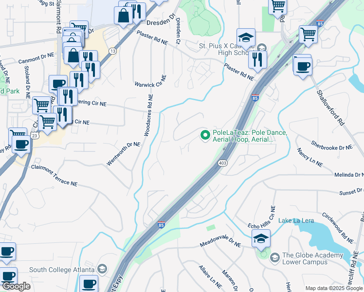 map of restaurants, bars, coffee shops, grocery stores, and more near 2372 Johnson Road Northeast in Atlanta