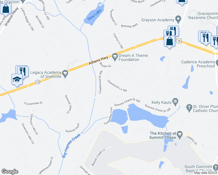 map of restaurants, bars, coffee shops, grocery stores, and more near 1391 Overwood Trce Southwest in Snellville