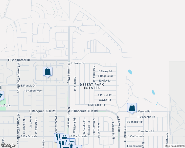 map of restaurants, bars, coffee shops, grocery stores, and more near 3012 North Cypress Road in Palm Springs