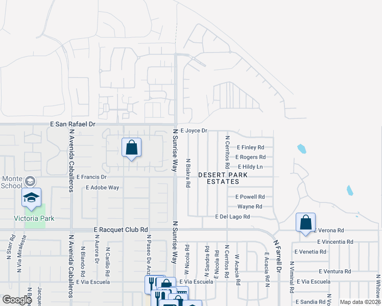 map of restaurants, bars, coffee shops, grocery stores, and more near 3050 North Sunrise Way in Palm Springs