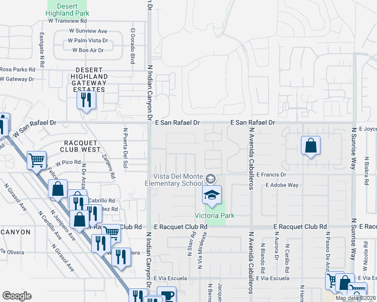 map of restaurants, bars, coffee shops, grocery stores, and more near 497 Simms Road in Palm Springs