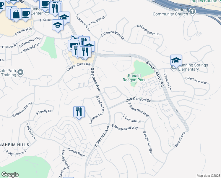 map of restaurants, bars, coffee shops, grocery stores, and more near 8237 Birch Tree Lane in Anaheim