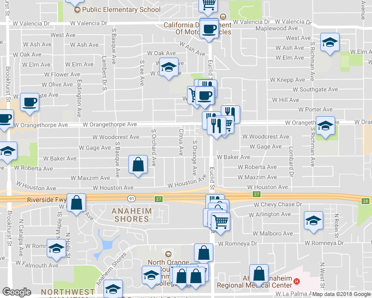 map of restaurants, bars, coffee shops, grocery stores, and more near 1319 South Orange Avenue in Fullerton