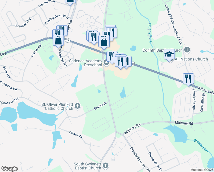 map of restaurants, bars, coffee shops, grocery stores, and more near 3154 Rosebud Road in Loganville