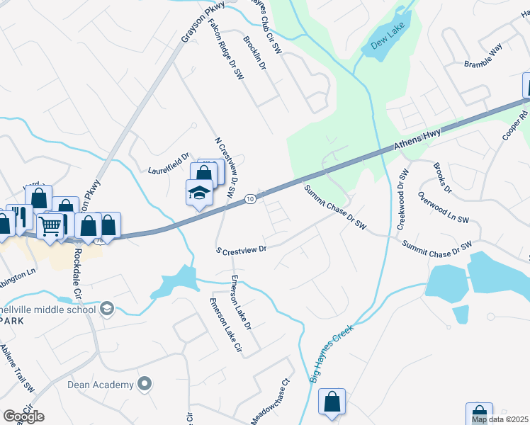 map of restaurants, bars, coffee shops, grocery stores, and more near 2141 Slick Stone Drive in Grayson