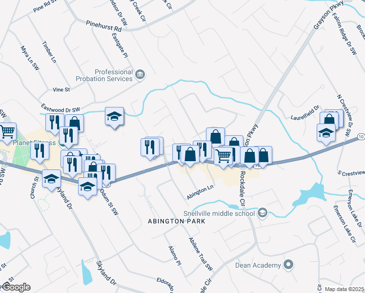 map of restaurants, bars, coffee shops, grocery stores, and more near 2010 Hickory Station Circle in Snellville