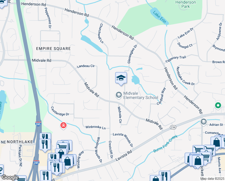 map of restaurants, bars, coffee shops, grocery stores, and more near 2449 Midvale Court in Tucker