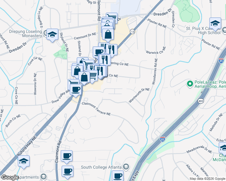 map of restaurants, bars, coffee shops, grocery stores, and more near 2053 Clairmeade Way Northeast in Atlanta
