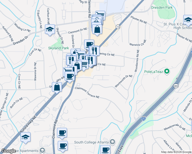 map of restaurants, bars, coffee shops, grocery stores, and more near 1958 Variations Drive Northeast in Atlanta