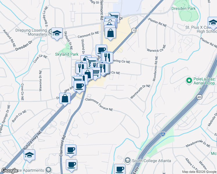 map of restaurants, bars, coffee shops, grocery stores, and more near 1958 Variations Drive Northeast in Atlanta