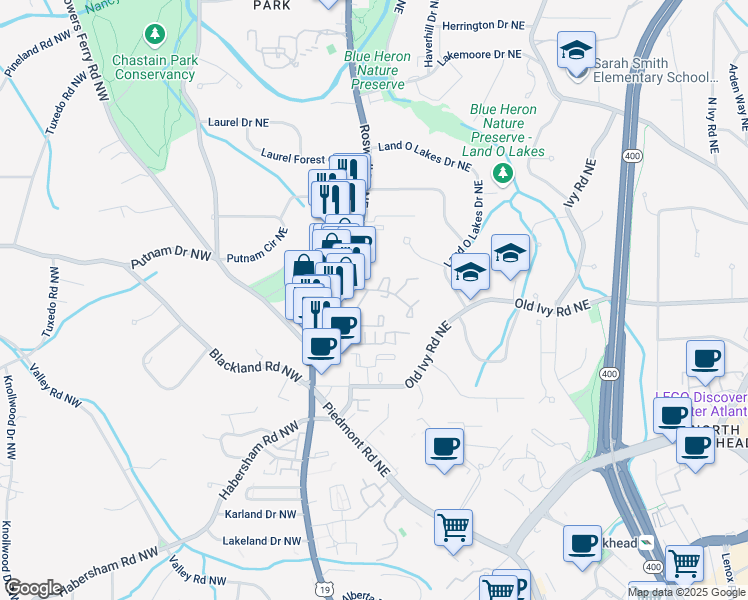 map of restaurants, bars, coffee shops, grocery stores, and more near 13 Ivy Square Northeast in Atlanta