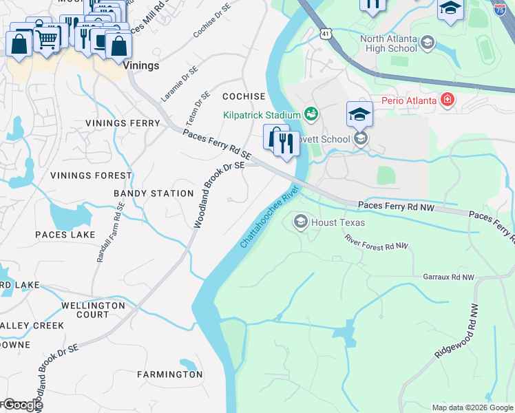 map of restaurants, bars, coffee shops, grocery stores, and more near 3931 Paces Ferry Drive Southeast in Atlanta
