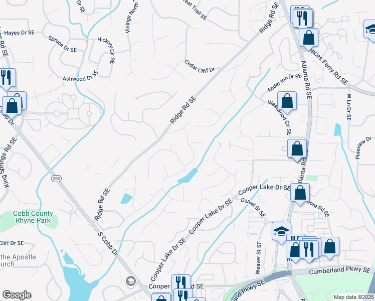 map of restaurants, bars, coffee shops, grocery stores, and more near 4070 Ridgehurst Drive in Smyrna