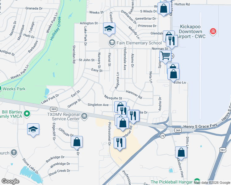 map of restaurants, bars, coffee shops, grocery stores, and more near 1558 Hanover Road in Wichita Falls
