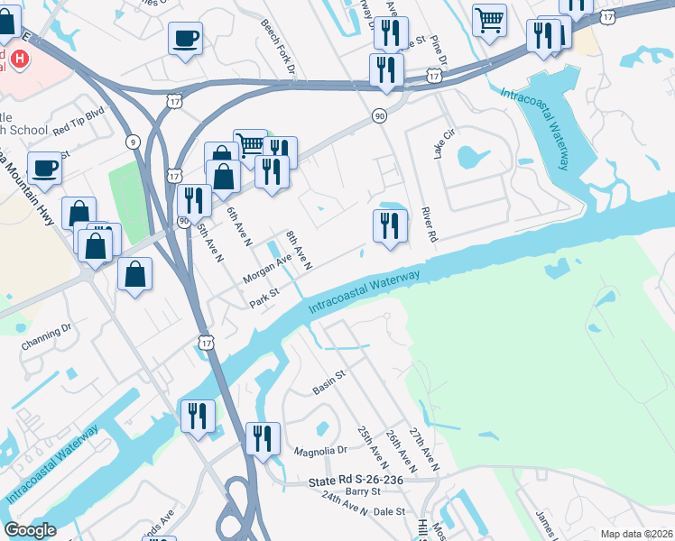 map of restaurants, bars, coffee shops, grocery stores, and more near 312 Park Street in Little River