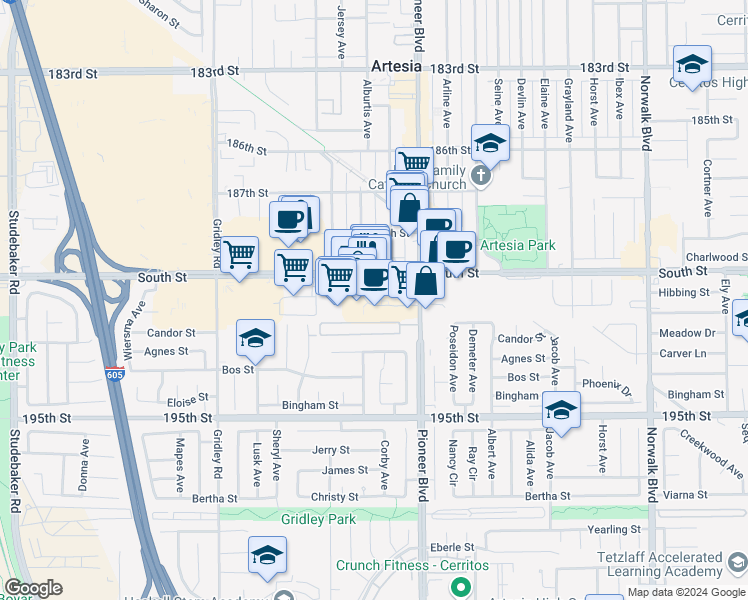 map of restaurants, bars, coffee shops, grocery stores, and more near 11660 South Street in Artesia