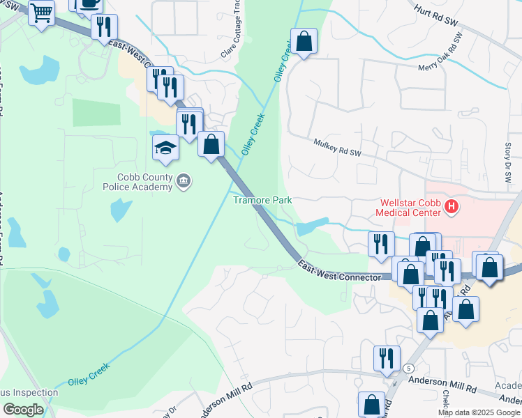 map of restaurants, bars, coffee shops, grocery stores, and more near East-West Connector in Marietta