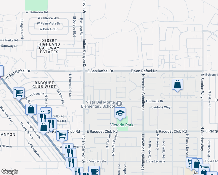 map of restaurants, bars, coffee shops, grocery stores, and more near 566 East Lindsey Drive in Palm Springs