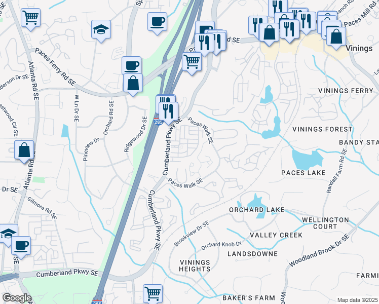 map of restaurants, bars, coffee shops, grocery stores, and more near 3926 Allegretto Circle in Atlanta