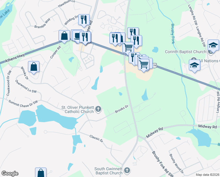 map of restaurants, bars, coffee shops, grocery stores, and more near 3125 Rosebud Road in Loganville