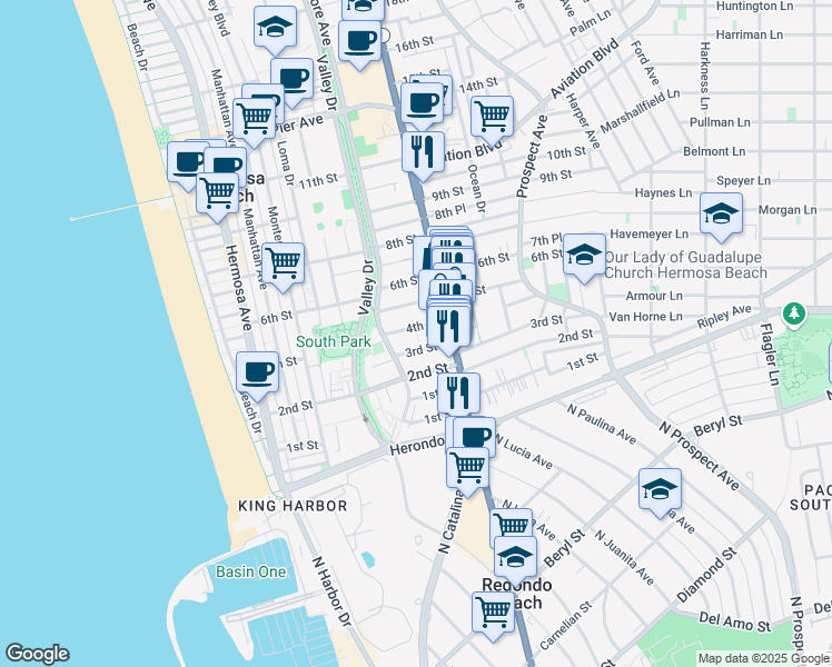 map of restaurants, bars, coffee shops, grocery stores, and more near 668 4th Street in Hermosa Beach
