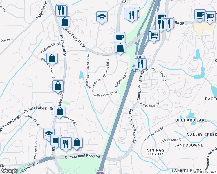 map of restaurants, bars, coffee shops, grocery stores, and more near 3916 Ridgewood Drive Southeast in Smyrna