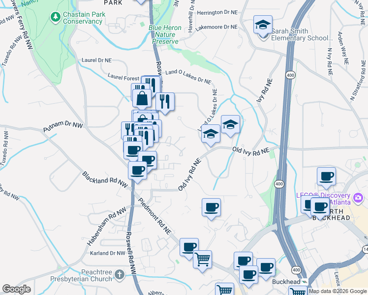 map of restaurants, bars, coffee shops, grocery stores, and more near 10 Ivy Parkway Northeast in Atlanta