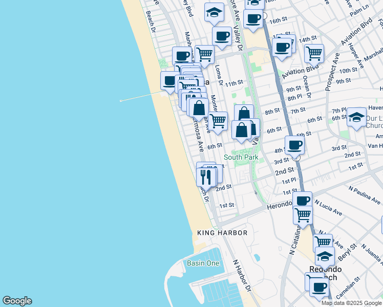 map of restaurants, bars, coffee shops, grocery stores, and more near 22 6th Street in Hermosa Beach