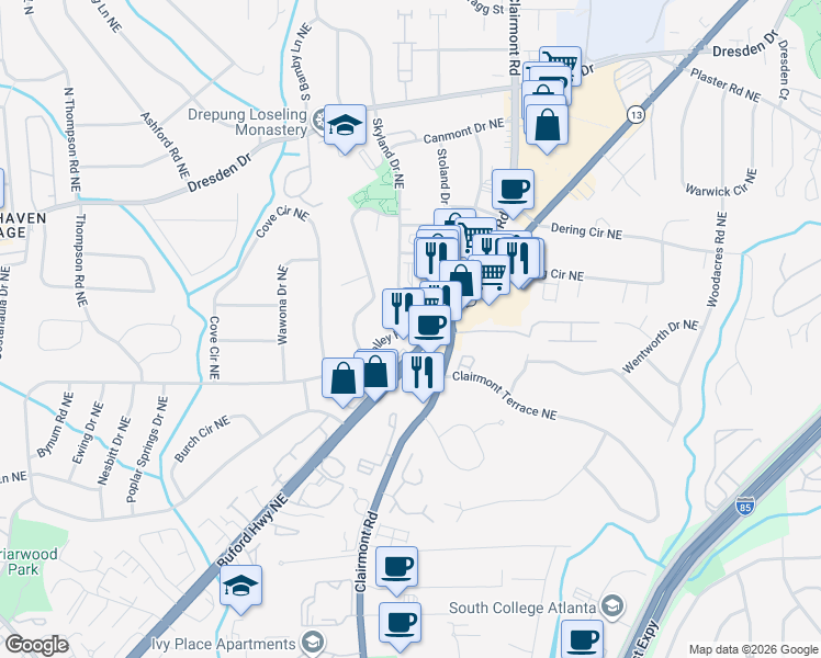 map of restaurants, bars, coffee shops, grocery stores, and more near 2770 Drew Valley Road Northeast in Atlanta