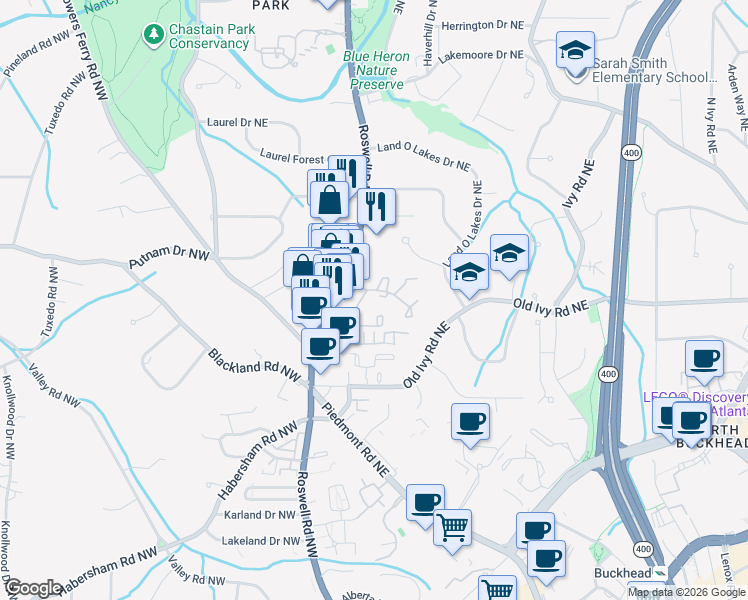 map of restaurants, bars, coffee shops, grocery stores, and more near 12 Ivy Gates Northeast in Atlanta