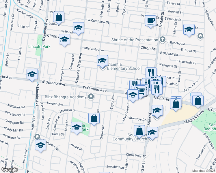 map of restaurants, bars, coffee shops, grocery stores, and more near 655 West Ontario Avenue in Corona