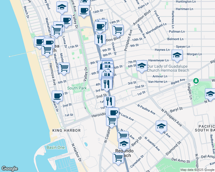 map of restaurants, bars, coffee shops, grocery stores, and more near Pacific Coast Hwy & 4th St in Hermosa Beach